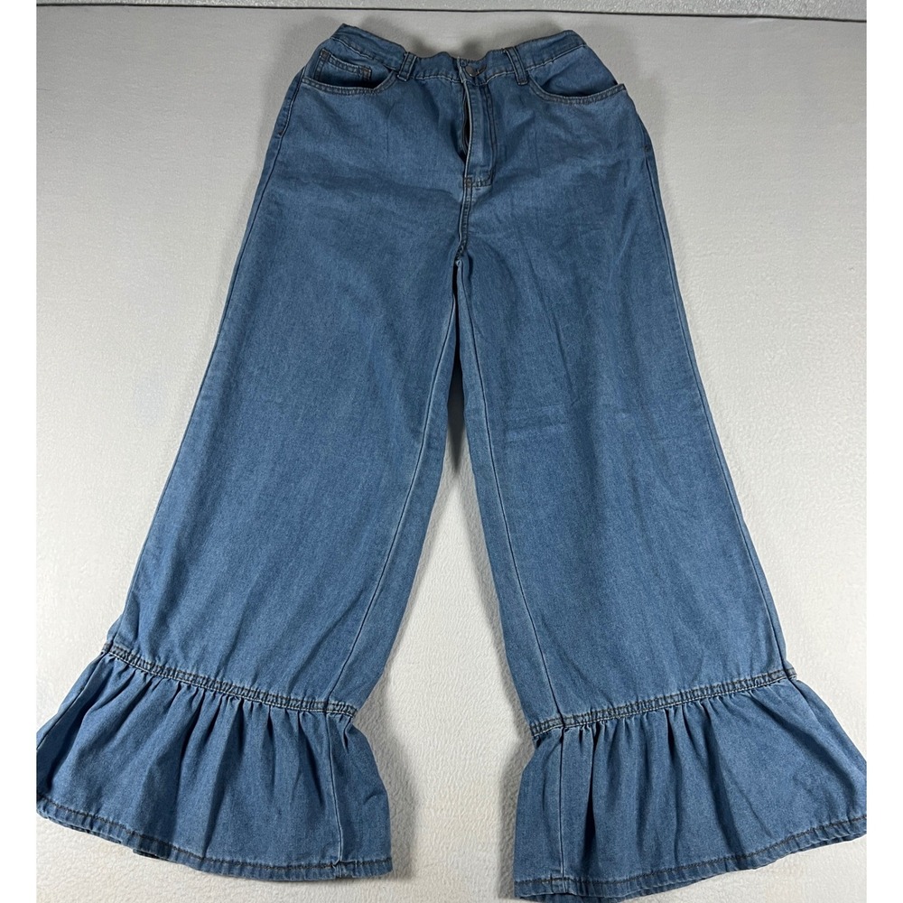 SHEIN Ruffle Hem Wide Leg Jeans Womens 30 Light Blue Excellent High Waist Denim